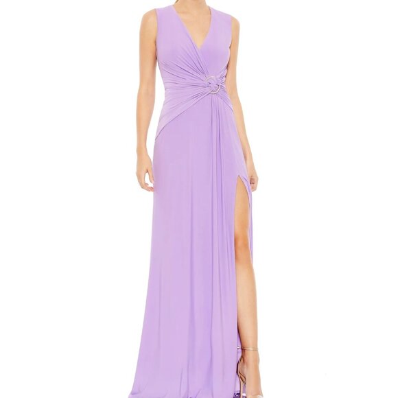 NEW | MAC DUGGAL 70155 LILAC DRAPED SIDE‎ KNOT JERSEY GOWN W/ RHINESTONE RING  0 - Picture 1 of 7